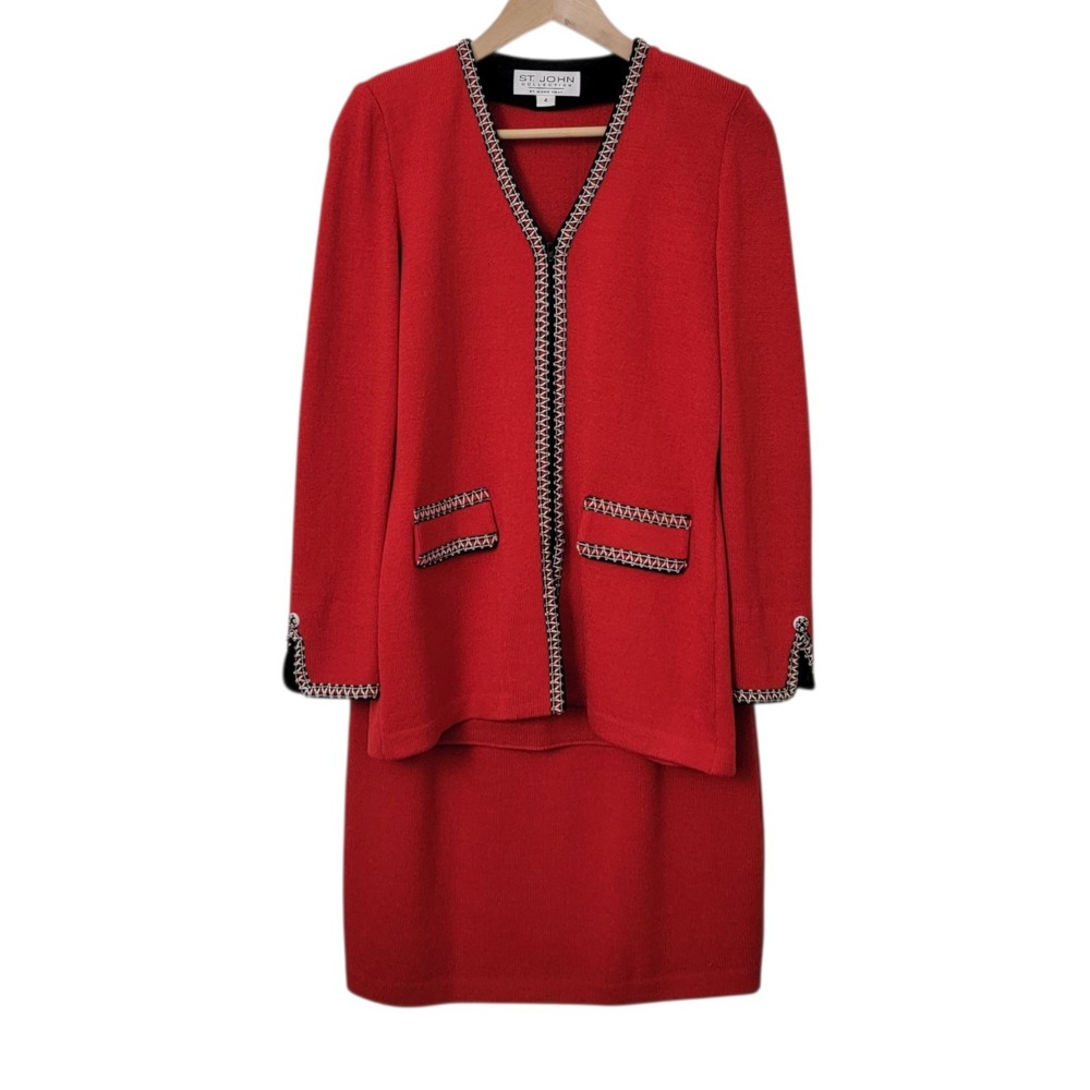 Vtg St John Collection Marie Gray Skirt Suit Set Size 4 Red‎ Santana 2 Piece